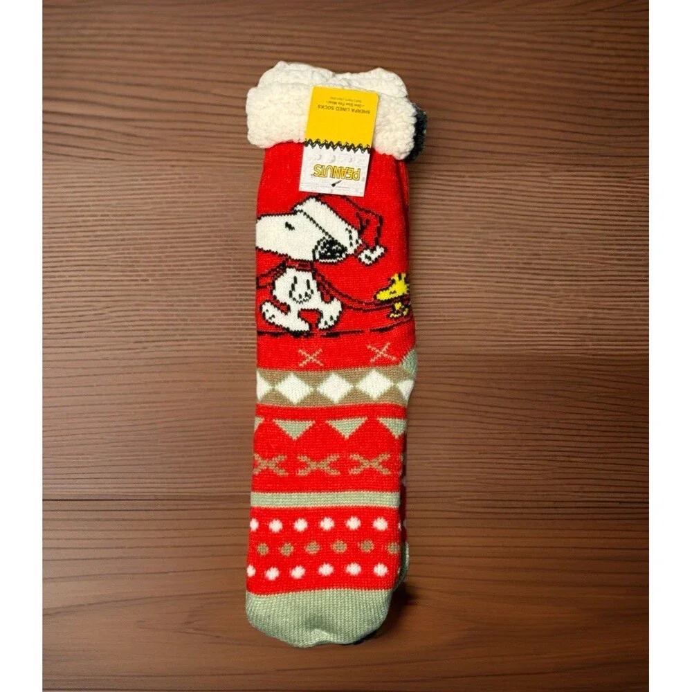 Peanuts Snoopy Woodstock Christmas Sherpa Lined Socks Red Unisex One‎ Size NWT